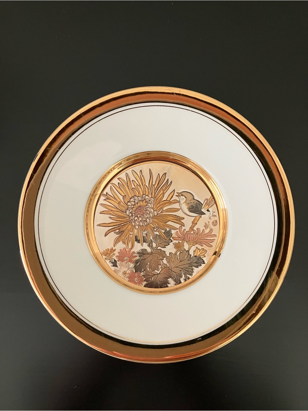Vintage LAL Japan Gold-Trimmed Porcelain Plate with Fall Floral & Bird Centre